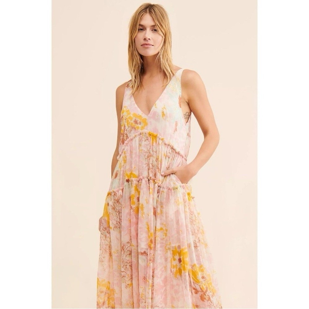 Free People Julianna Maxi Dress Pink Yellow Floral Tiered Ruffle V-Neck Large